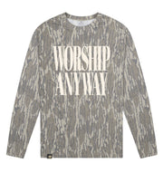 Adult Worship Anyway Mossy Oak Bottomland Washed Out Long-Sleeve Tee Long Sleeve T-Shirt Mossy Oak Original Bottomland Adult Small Pocket