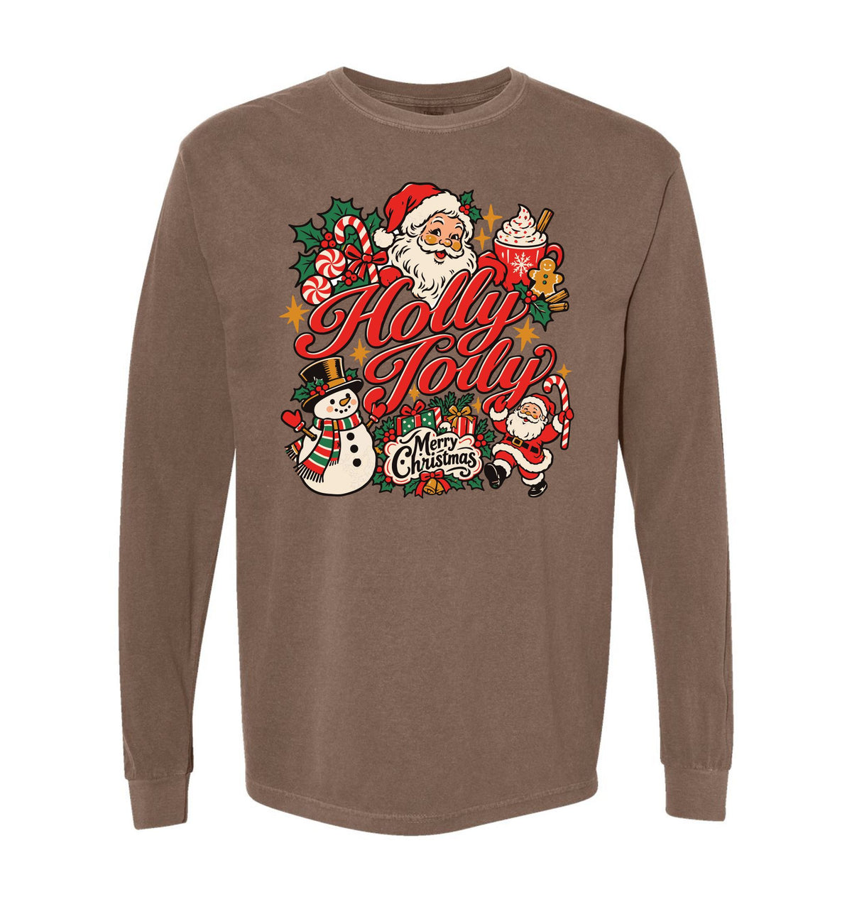 Adults' Holly Jolly Long-Sleeve Tee Long Sleeve T-Shirt Comfort Colors Espresso Adult Small Pocket