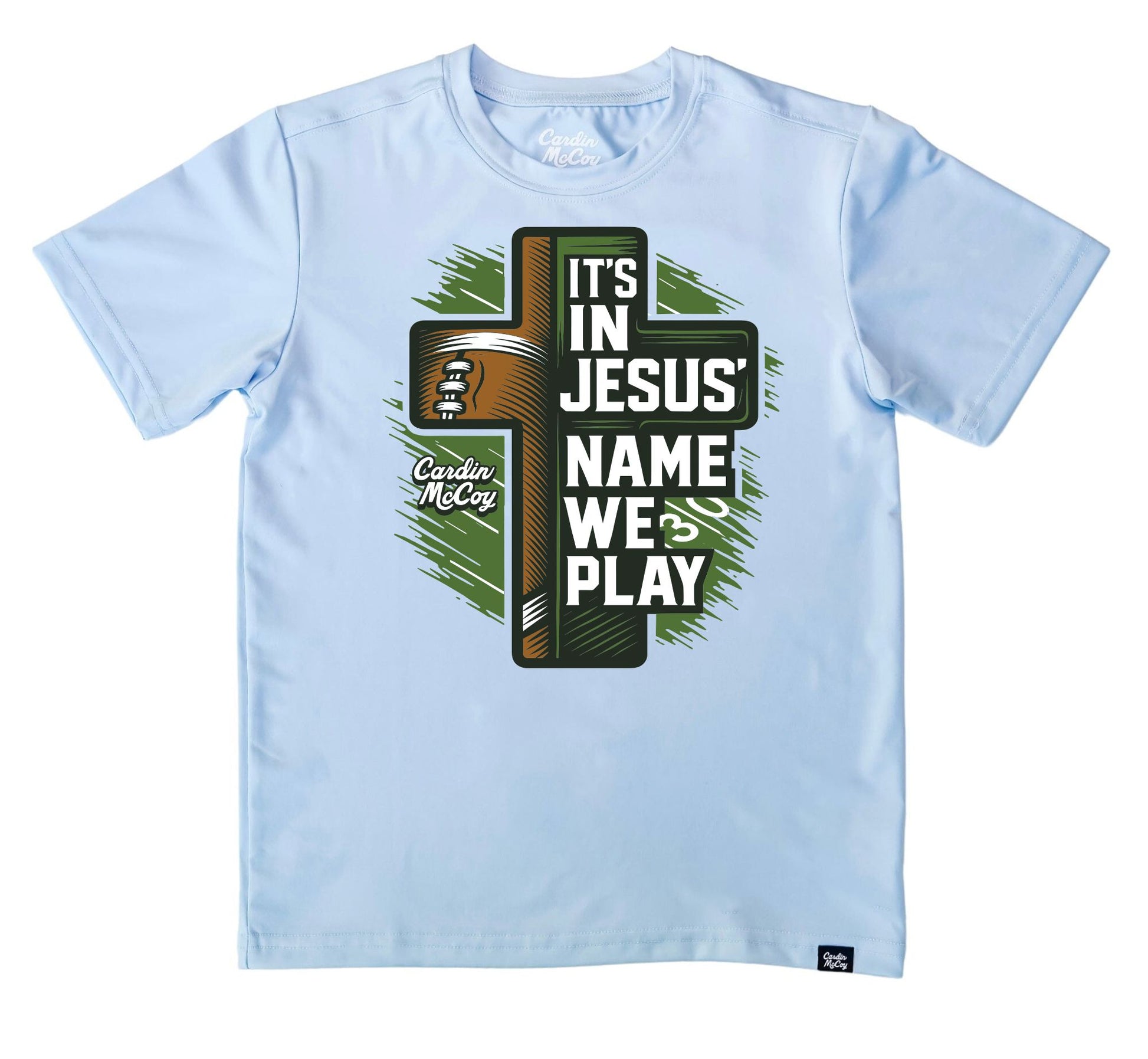 Boys' It's In Jesus' Name We Play Front Performance Short-Sleeve Tee Short Sleeve T-Shirt Cardin McCoy Blue Sky XXS (2/3) No Pocket