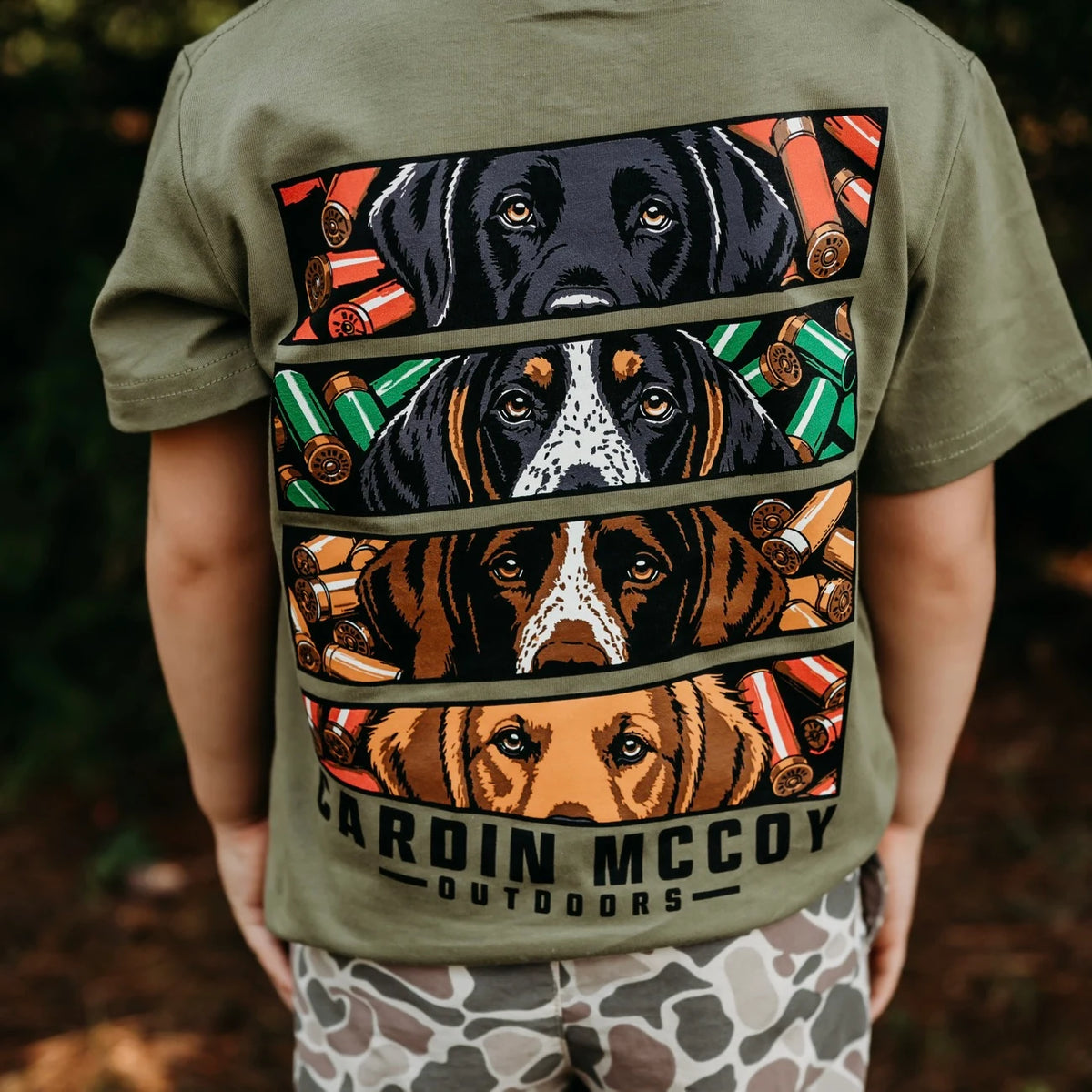 Close-up of the Cardin McCoy Hunting Dogs graphic tee.