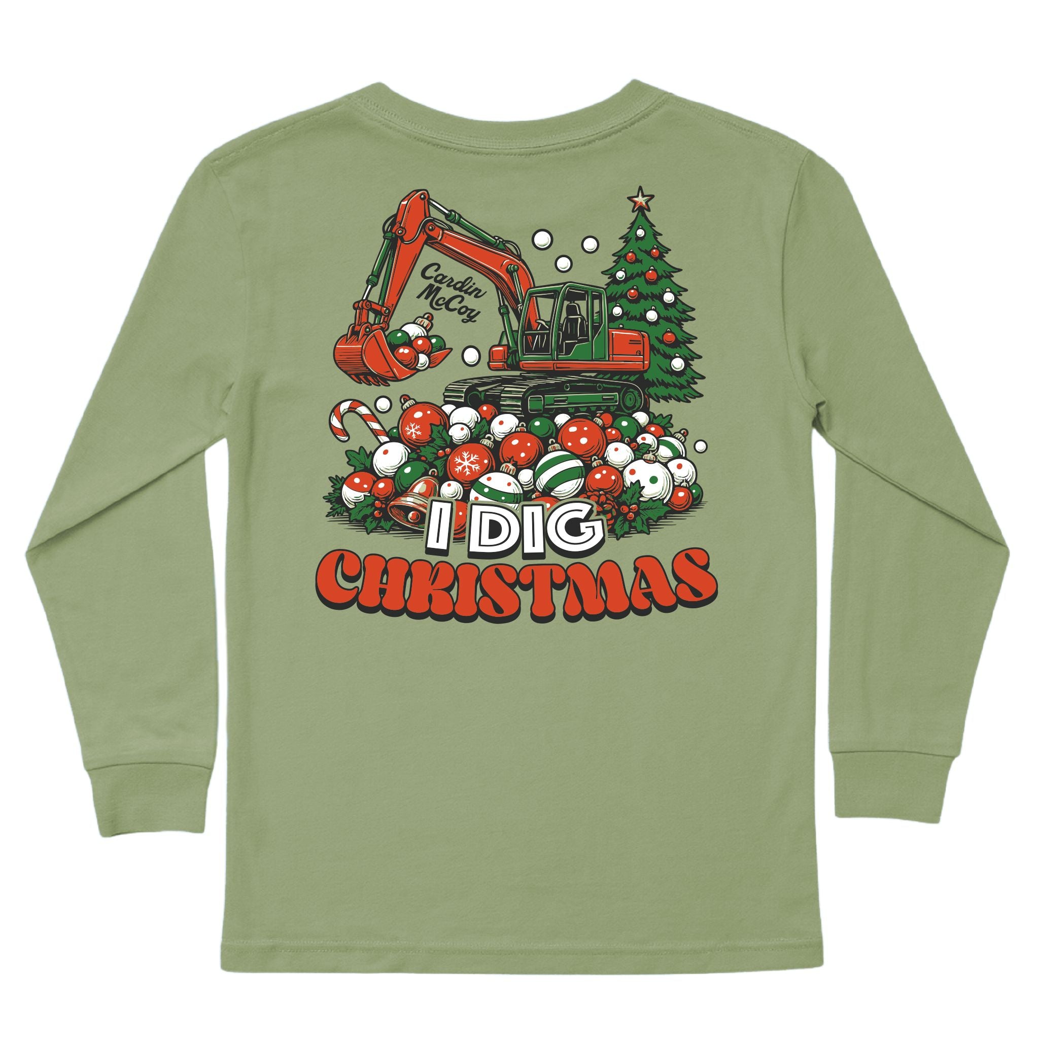 Kids' Christmas Excavator Long-Sleeve Tee Long Sleeve T-Shirt Cardin McCoy Light Olive XXS (2/3) Pocket