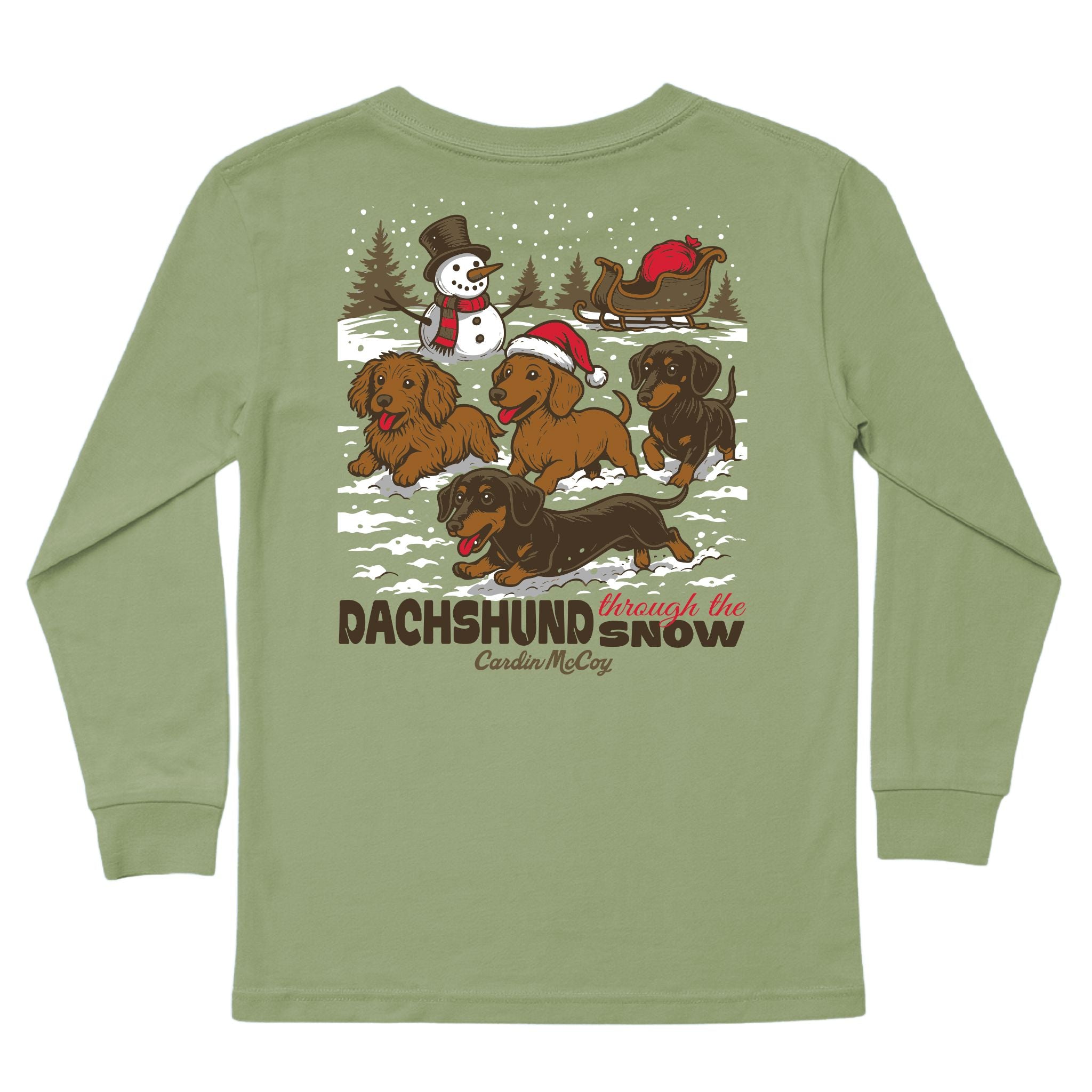 Kids' Dachshund Through The Snow Long-Sleeve Tee Long Sleeve T-Shirt Cardin McCoy Light Olive XXS (2/3) Pocket