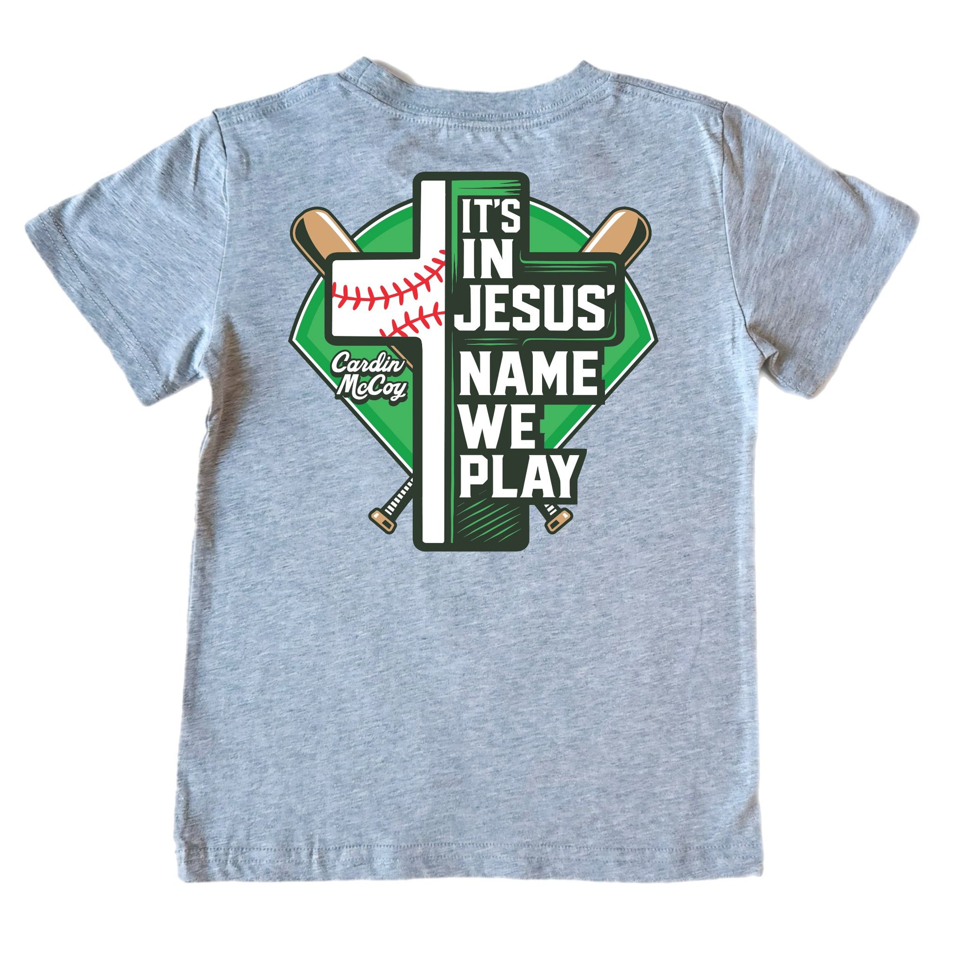 Kids' In Jesus Name Baseball Short-Sleeve Tee Short Sleeve T-Shirt Cardin McCoy Heather Gray XXS (2/3) Pocket