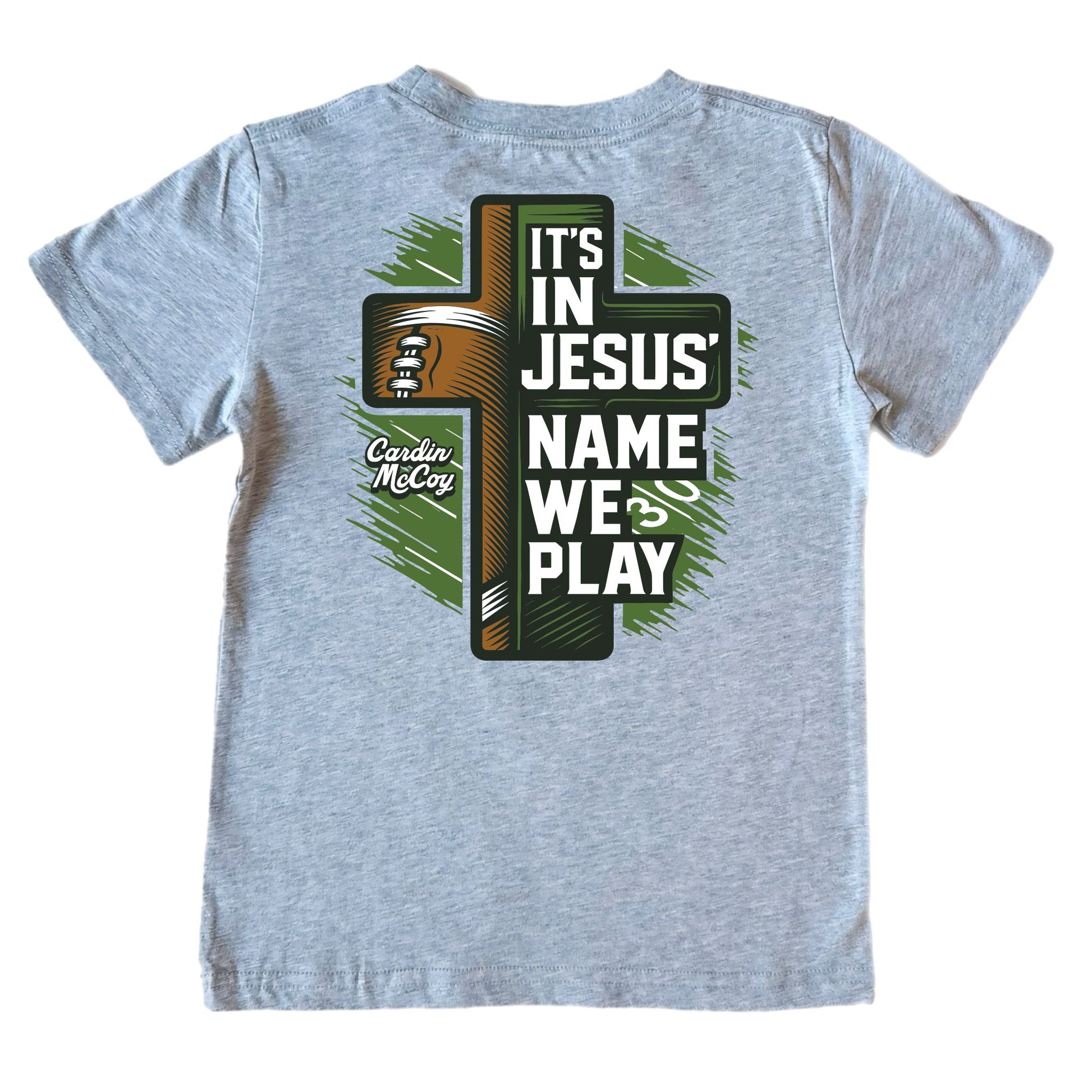Kids' In Jesus Name Football Short-Sleeve Tee Short Sleeve T-Shirt Cardin McCoy Heather Gray XXS (2/3) Pocket