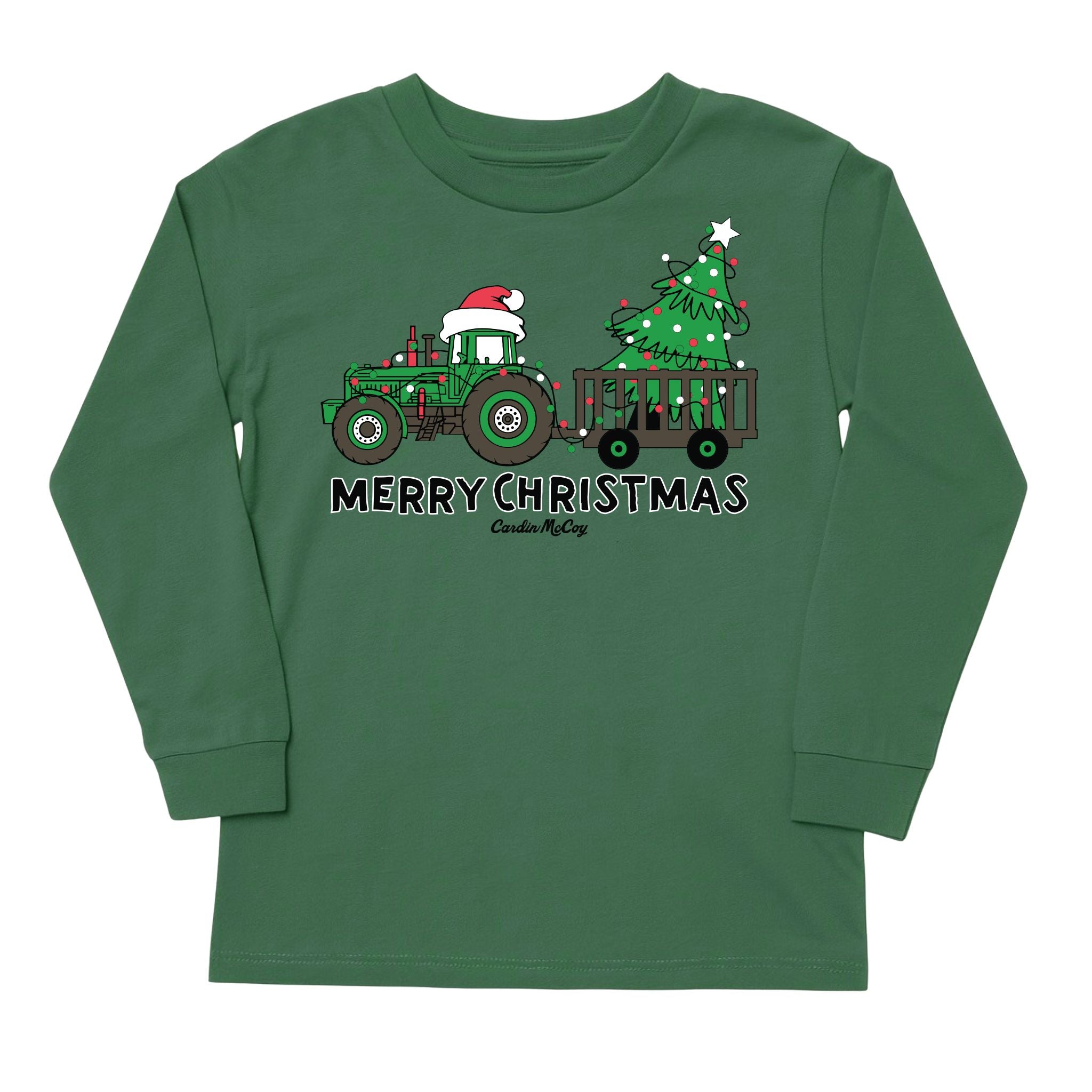 Kids' Merry Christmas Tractor Front Long-Sleeve Tee Long Sleeve T-Shirt Cardin McCoy Dark Olive XXS (2/3) No Pocket