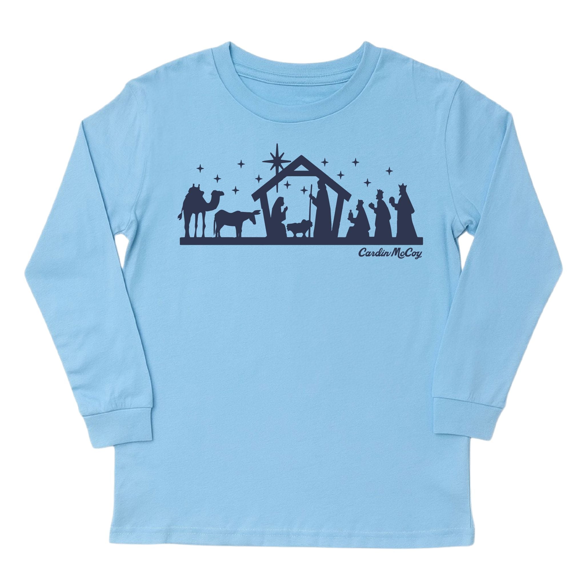 Kids' Nativity Sketch Front Long-Sleeve Tee Long Sleeve T-Shirt Cardin McCoy Light Blue XXS (2/3) No Pocket