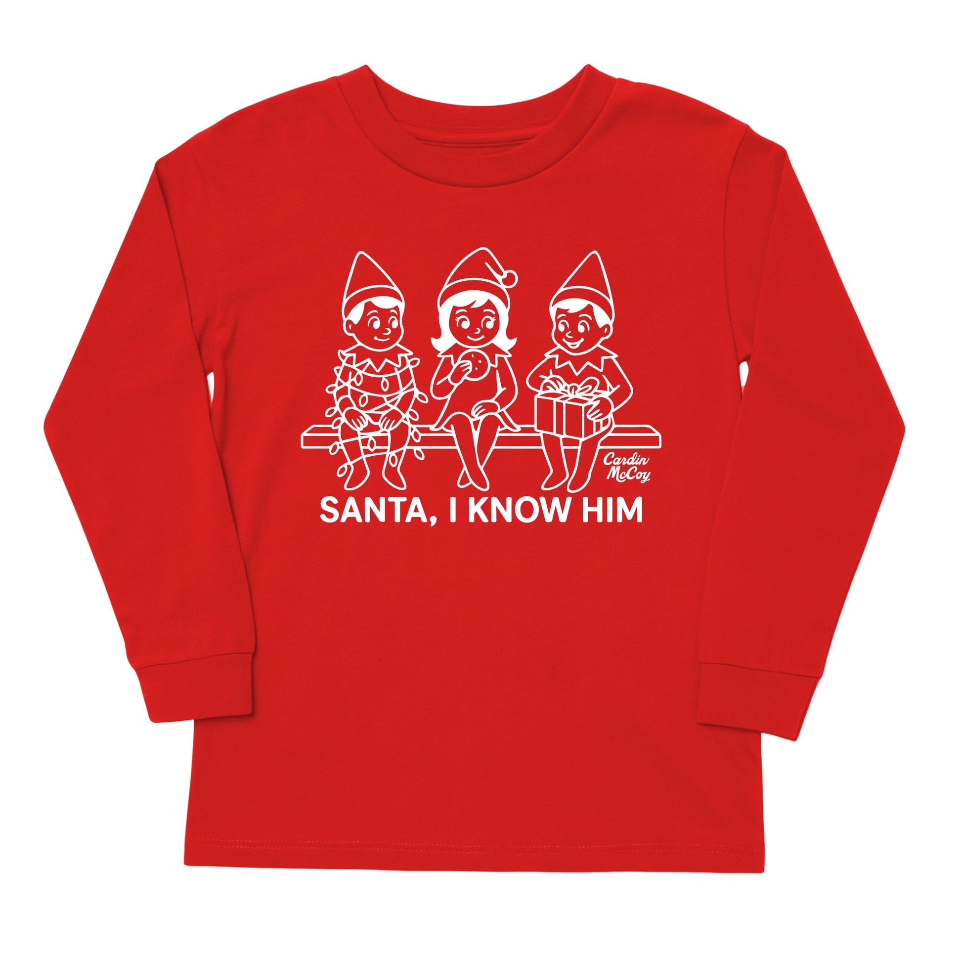 Kids' Santa I Know Him Front Long-Sleeve Tee Long Sleeve T-Shirt Cardin McCoy Red XXS (2/3) No Pocket